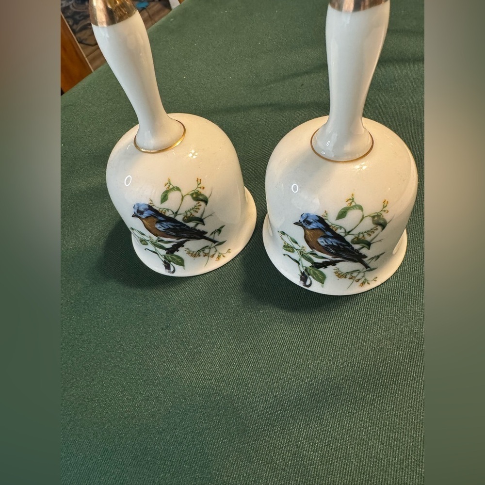 Two Vintage Enesco Bells with Birds Perching. H 5” W 2.75” Fast Shipping